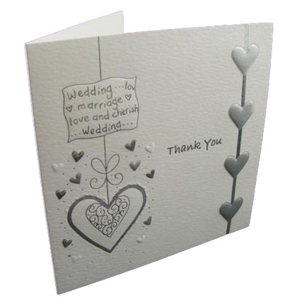 Pack of 5 Luxury Silver Foiled Embossed Heart Design White Thank You Cards