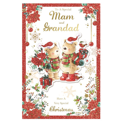 To a Special Mam and Grandad Lovely Teddies With Flowers and Gifts Design Christmas Card