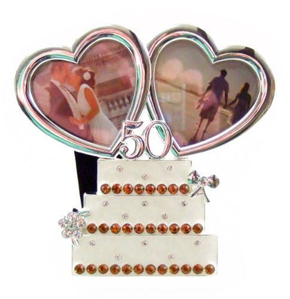Silver Plated Heart / Wedding Cake 50th Golden Anniversary Double Photo Frame In a Satin Lined Gift Box