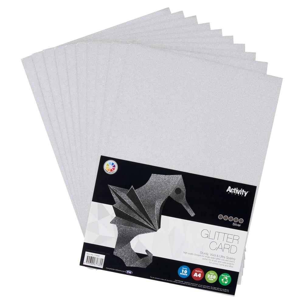 Pack of 10 A4 250gsm Silver Glitter Card Sheets by Premier Activity