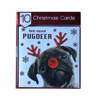 Pack of 12 Square Photograph Red Nosed Pugdeer Design Christmas Cards