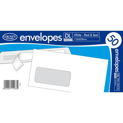 County Peel & Seal 50 Pack DL Window Envelopes White (80gsm)