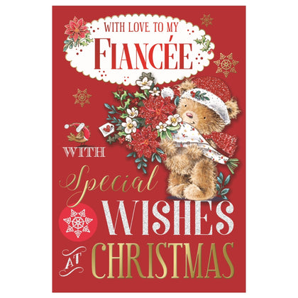 With Love To My Fiancee Bear Carring Flower Bouquet Design Christmas Card