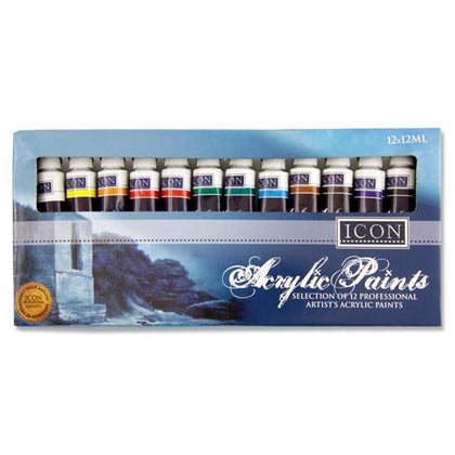 Pack of 12x12ml Acrylic Paints by Icon Art