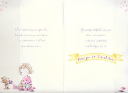 Today You're 1 Little Girl and Bear Playing With Toy Design Daughter Candy Club Birthday Card