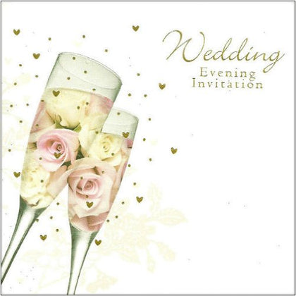 Pack of 6 Wedding Evening Invitations card with Floral Photo Champagne Glasses Design