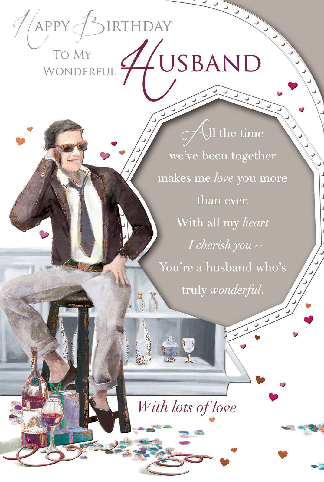 Husband Birthday Card Man On Phone With Wine & Gifts