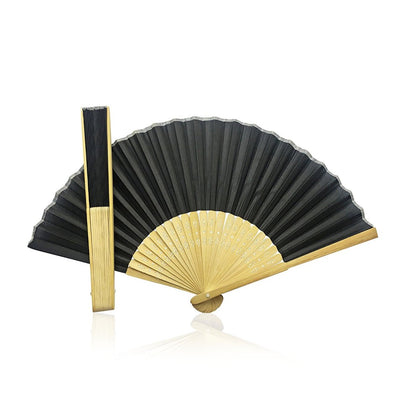 Black Fabric Hand Held Bamboo and Wooden Fan