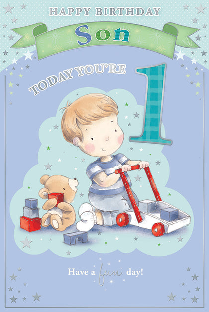 Today You're 1 Little Boy and Bear Playing With Toy Design Son Candy Club Birthday Card