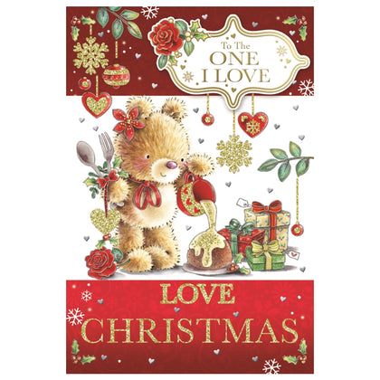 To The One I Love Teddy Pouring Frosting On Cake Design Christmas Card