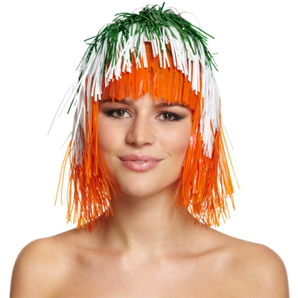 Green, White and Orange Tinsel Wig