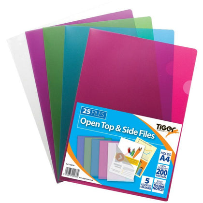 Pack of 25 A4 Assorted Colours Open Top & Side Files 