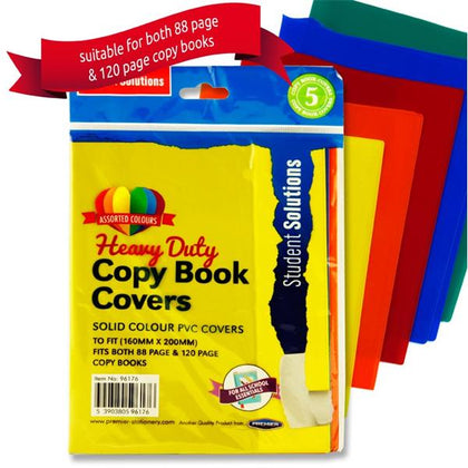 Pack of 5 PVC Heavy Duty Copy Book Covers - 5 Assorted Solid Colours