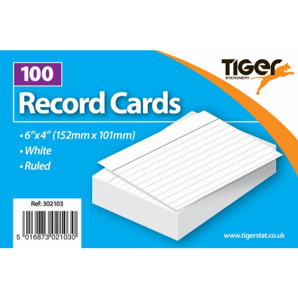 6x4" White Record Cards Ruled 100 Sheets