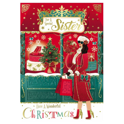 For a Special Sister Beautiful Lady With Bags Design Christmas Card