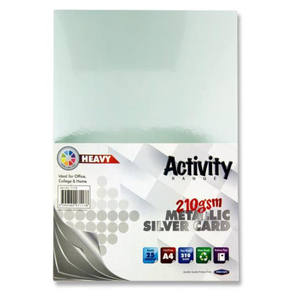 Pack of 25 Sheets A4 Metallic Silver 210gsm Card by Premier Activity