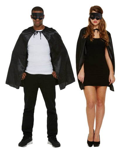 Adult Superhero Black Cape and Mask Fancy Dress Costume