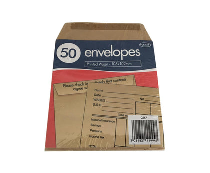 Pack of 50 Printed Wage Gummed Manilla Envelopes