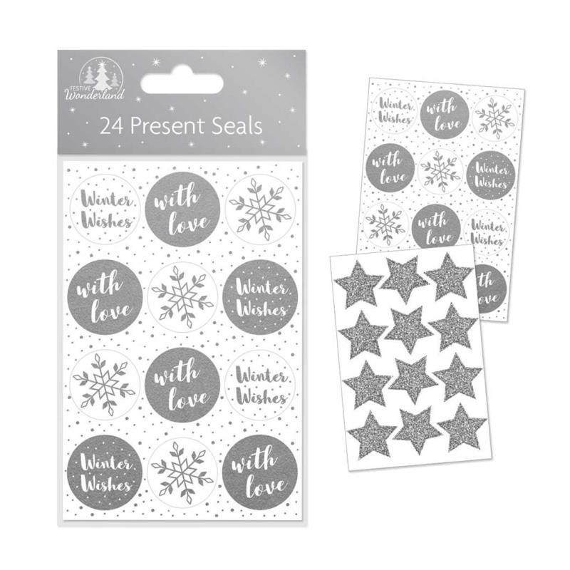 Pack of 24 Silver Present Christmas Seals