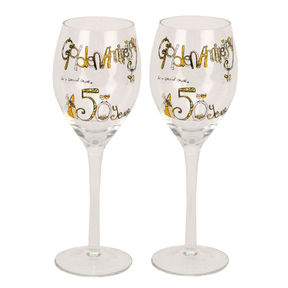 Tracey Russell Pair Glasses Wine 50th Anniversary