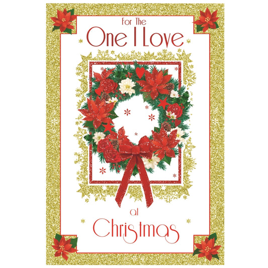 For The One I Love Poinsettia Wreath Design Christmas Card