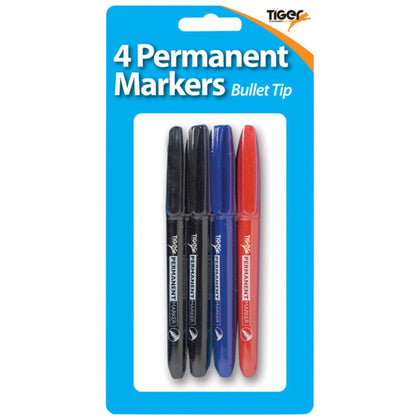 Pack of 4 Fine Bullet Tip Permanent Assorted Colour Marker Pens