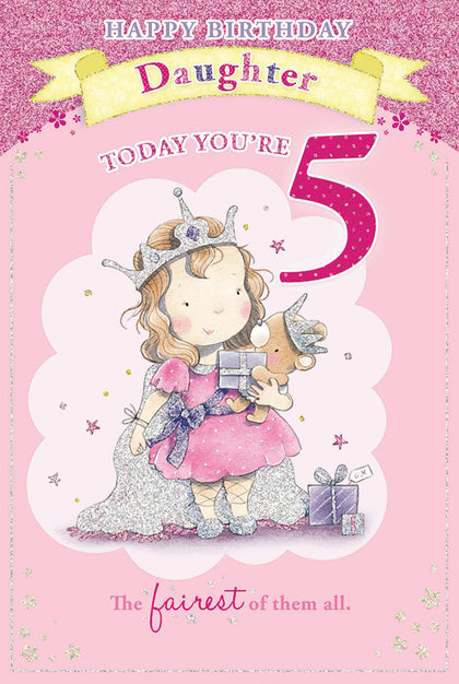 On Your 5th Birthday Princess with Gift and Bear Daughter Candy Club Birthday Card