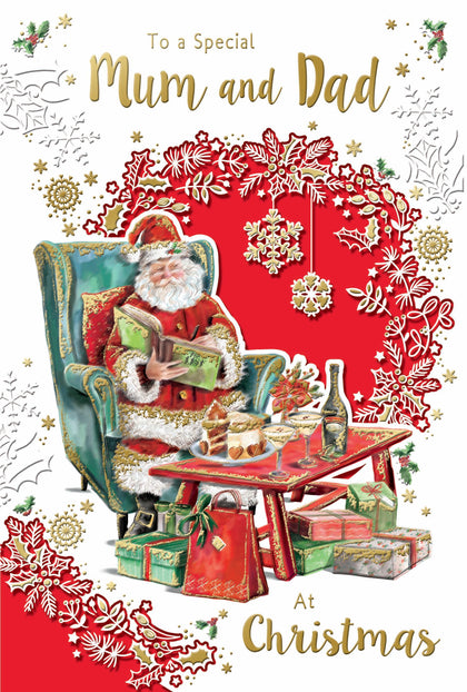 To a Special Mum and Dad Santa Reading Book Design Christmas Card