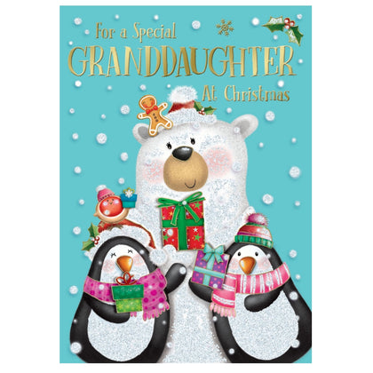 For a Special Granddaughter Big Teddy and Penguins Design Christmas Card