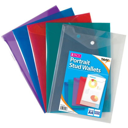 Pack of 5 A4+ Portrait Stud Wallet (Assorted Colours)