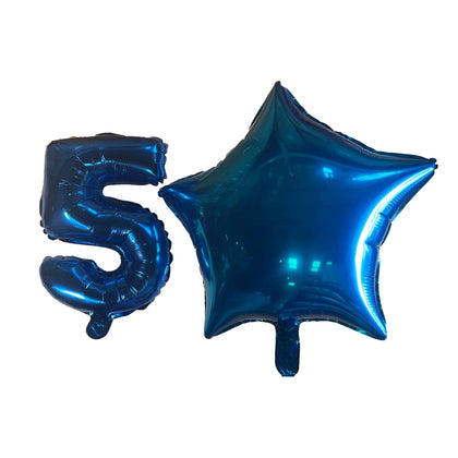 Blue Number 5 and Blue Star Foil Balloons with Ribbon and Straw for Inflating