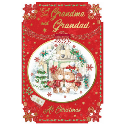 To a Dear Grandma and Grandad Teddies Snuggling Design Christmas Card