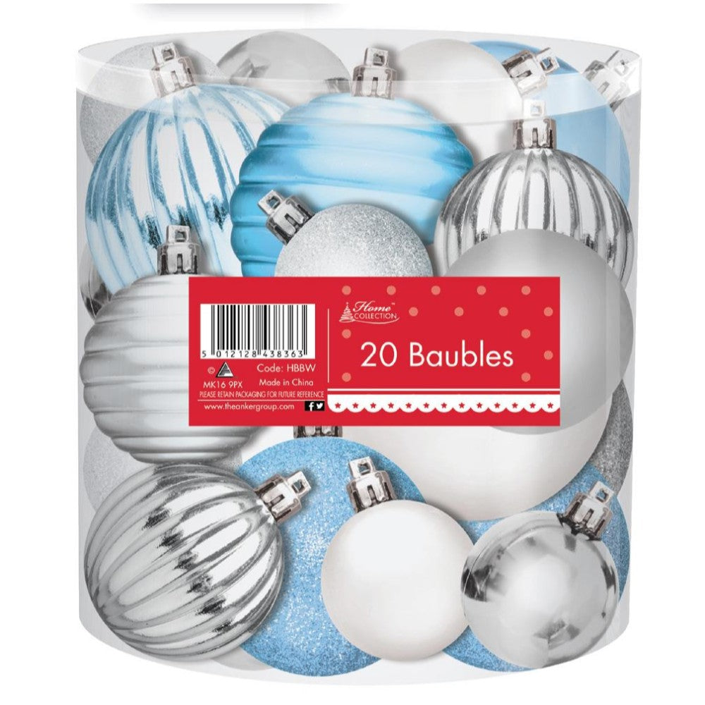 Pack of 20 Christmas Tree Baubles Silver White and Blue