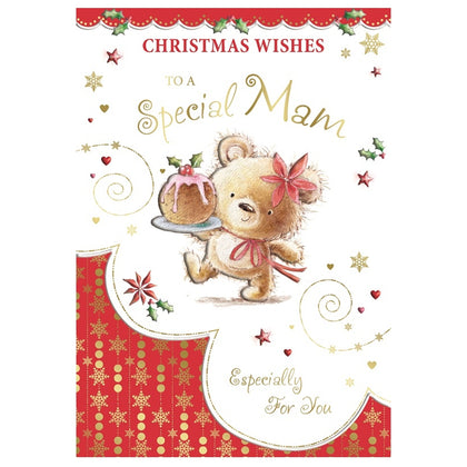 To a Special Mam Bear Carrying Cake Design Christmas Card