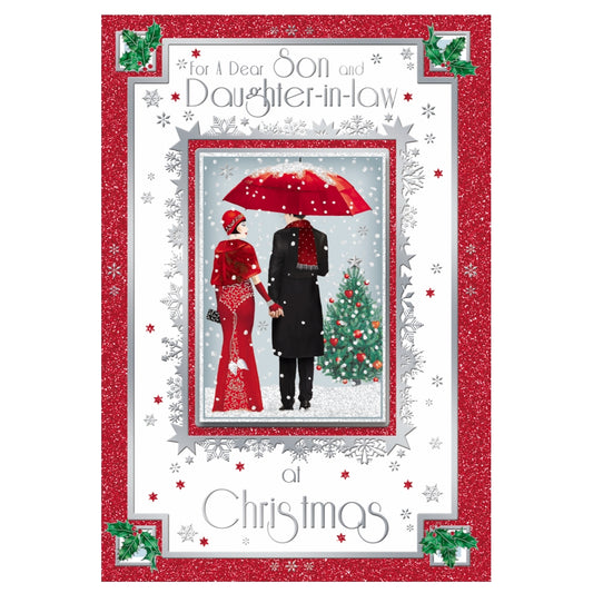 For Son and Daughter In Law Lovely Couple With Snowy Scene Design Christmas Card