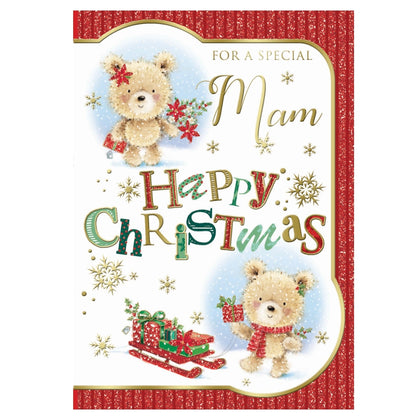 For a Special Mam Bear With Flowers and Gift Design Christmas Card