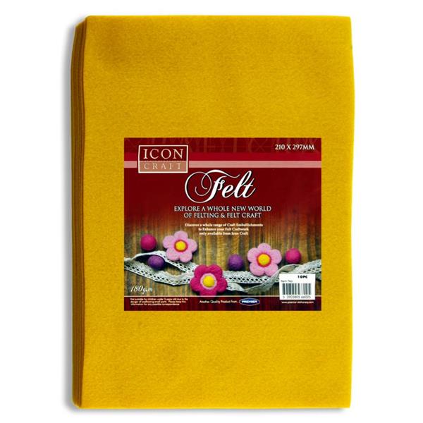 Pack of 10 A4 Yellow Felt Sheets by Icon Craft