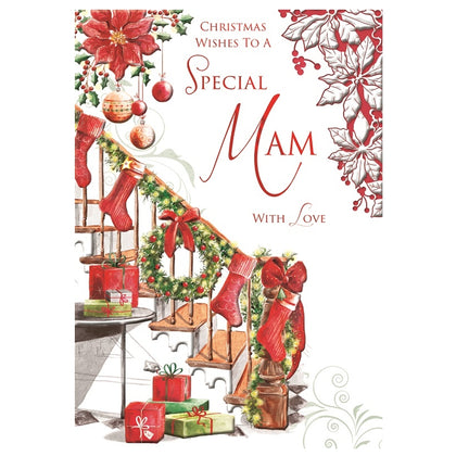 With Love To a Special Mam Stockings and Wreath Design Christmas Card