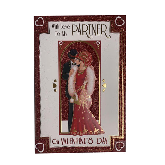 With Love To My Partner Couple Design Red Glittered Open Valentine's Day Card