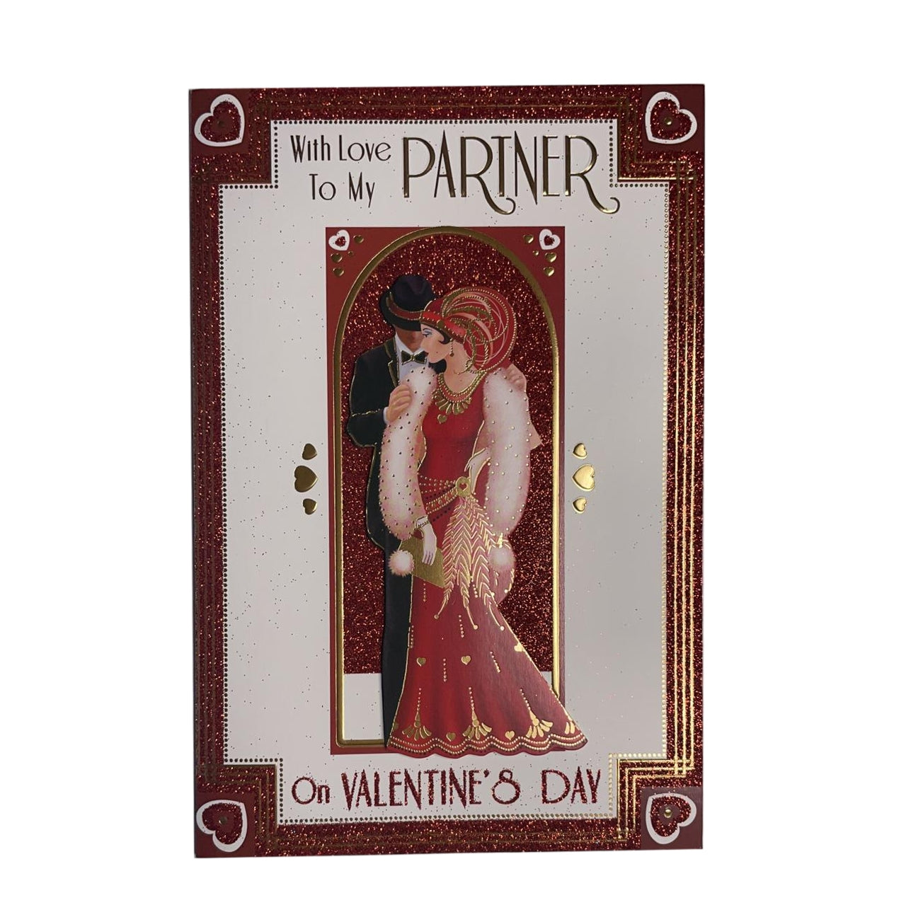 With Love To My Partner Couple Design Red Glittered Open Valentine's Day Card