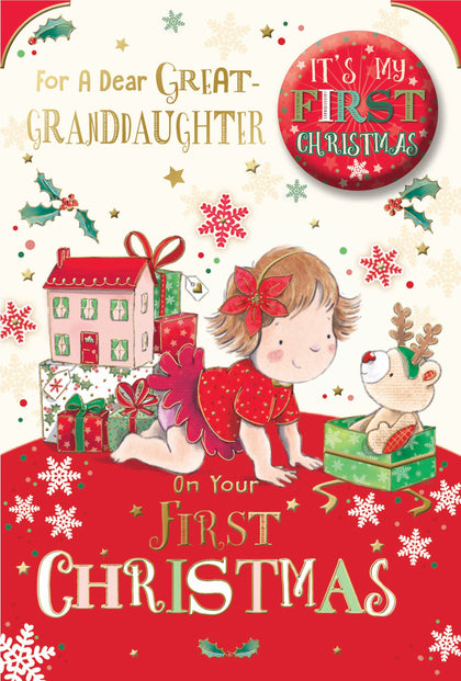 For a Dear Great Granddaughter First Christmas Card with Badge