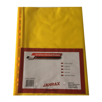 Pack of 50 A4 Yellow Punched Pockets by Janrax