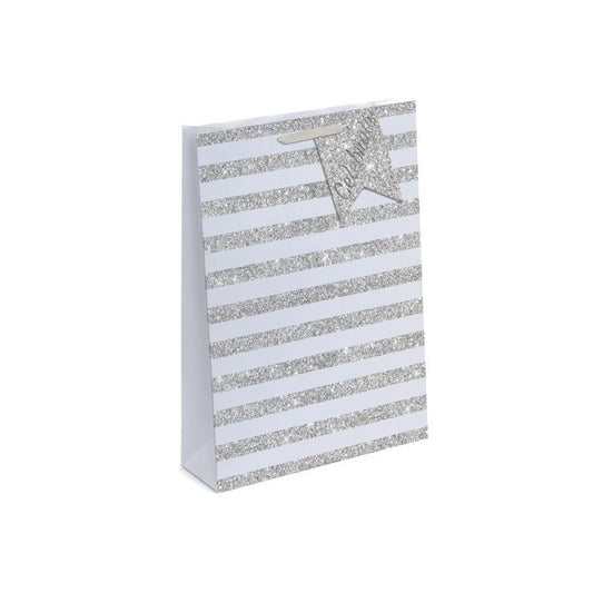 Celebrate Silver Stripe Glitter Design Large Gift Bag