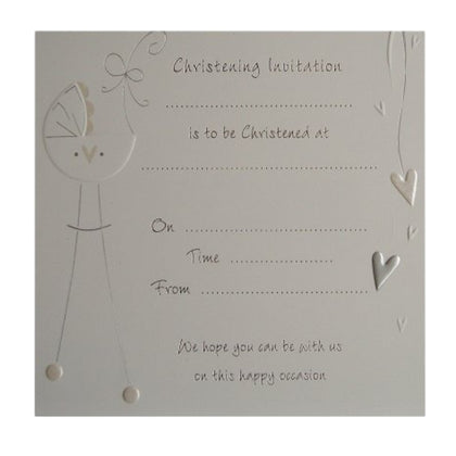 Pack of 10 Christening Bow luxury card invitations with envelopes - white and silver