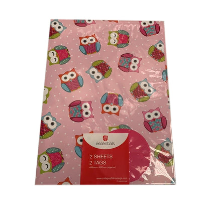 Character Owl Design Gift Wrap 2 Sheets 2 Tags