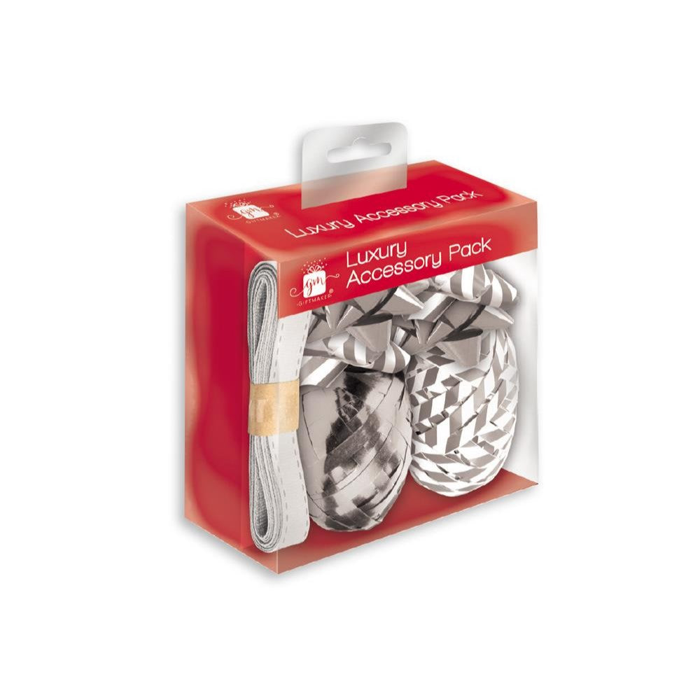 Pack of 7 Christmas Luxury Gift Wrap Accessory Set- Silver & White