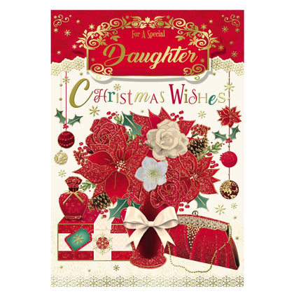 For a Special Daughter Glitter Finished Flower Pot Design Christmas Card