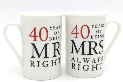 40th Anniversary Gift Set of 2 Mugs 'Mr Right & Mrs Always Right'