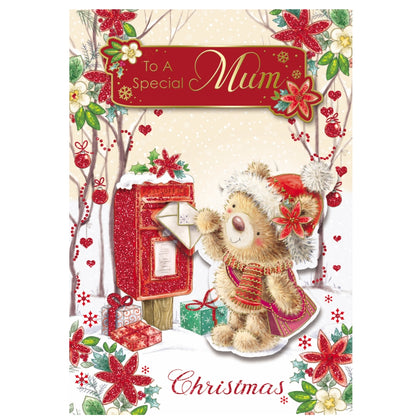 To a Special Mum Teddy At Mail Box Design Christmas Card