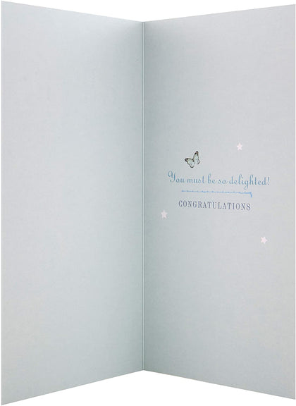 New Grandson Birth Congratulations Card Cute Lion Design with Blue Foil Details and Gem Attachments